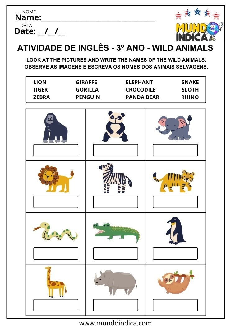 Atividade de Inglês 3º Ano com Wild Animals para Escrever os Nomes dos Animais para Imprimir