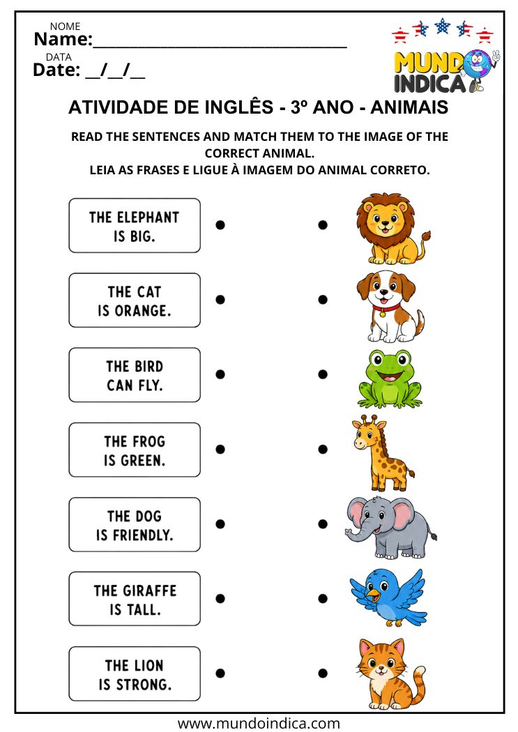 Atividade de Inglês 3º Ano sobre Animais para Ler as Frases e Ligar à Imagem Correta para Imprimir