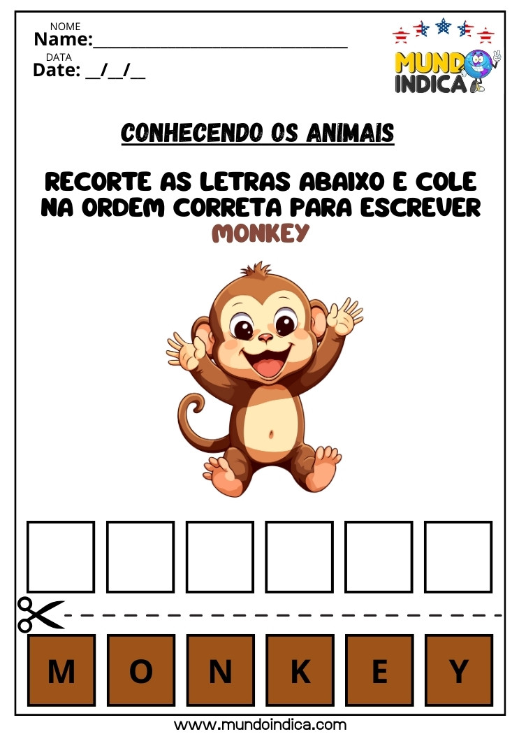 Atividade de Inglês com Animais de Recorte e Colagem para Imprimir