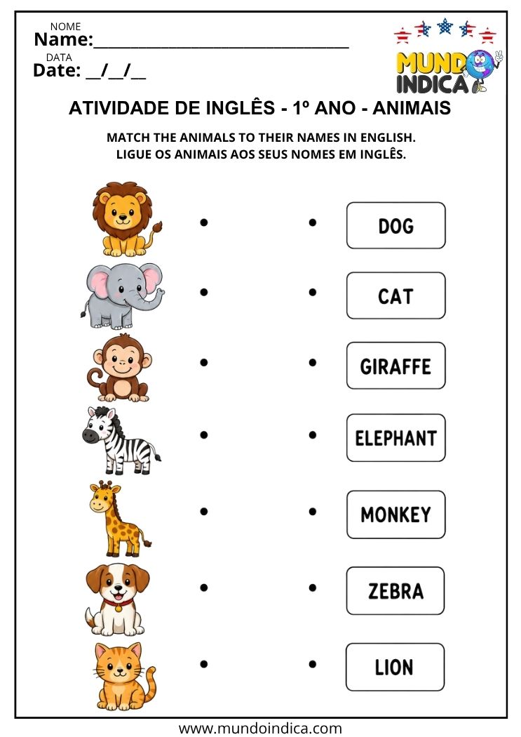 Atividade de Inglês com Animais para 1º Ano para Ligar os Animais aos Nomes em Inglês para Imprimir