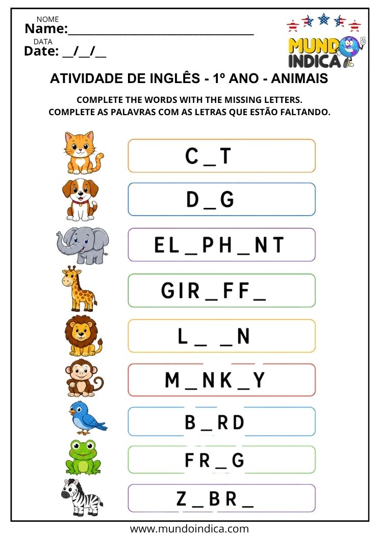Atividade de Inglês com Animais para Completar as Palavras com as Letras que Estão Faltando para 1º Ano para Imprimir