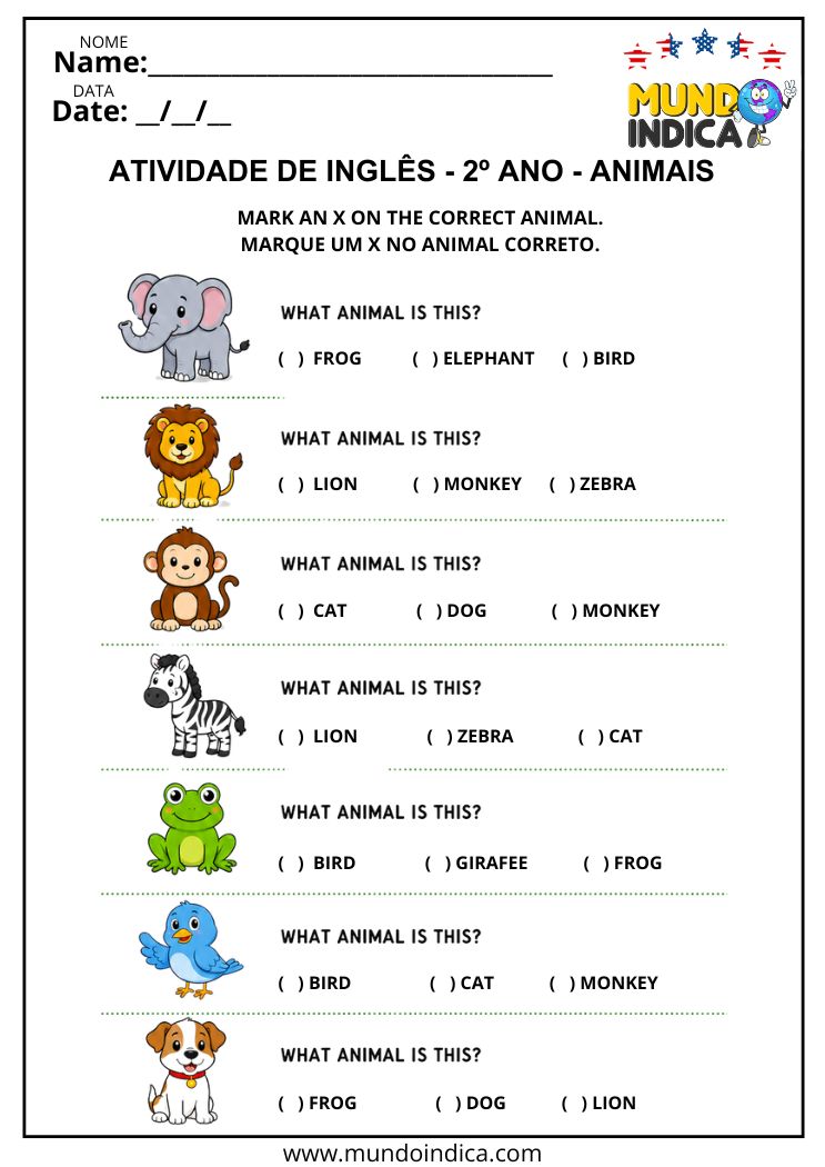 Atividade de Inglês com Animais para Marcar a Alternativa Correta para 2º Ano para Imprimir
