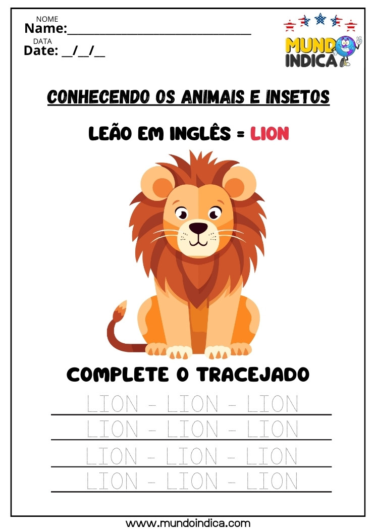 Atividade de Inglês com Animais para Tracejar os Pontilhados da Palavra Lion para Imprimir