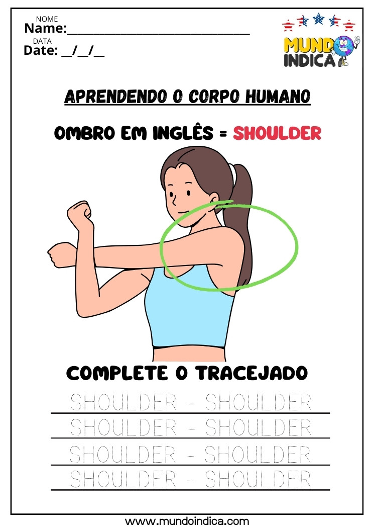 Atividade de Inglês com Corpo Humano para Completar o Tracejado da Palavra Ombro ou Shoulder em Inglês para Imprimir