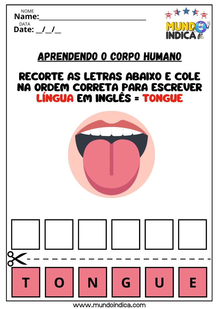 Atividade de Inglês com Corpo Humano para Recortar e Colar as Letras da Palavra Língua ou Tongue em Inglês para Imprimir