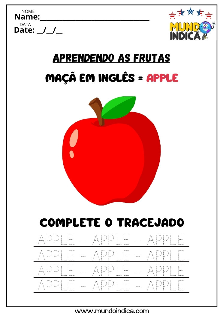 Atividade de Inglês com Frutas para Completar o Tracejado da Palavra Apple para Imprimir
