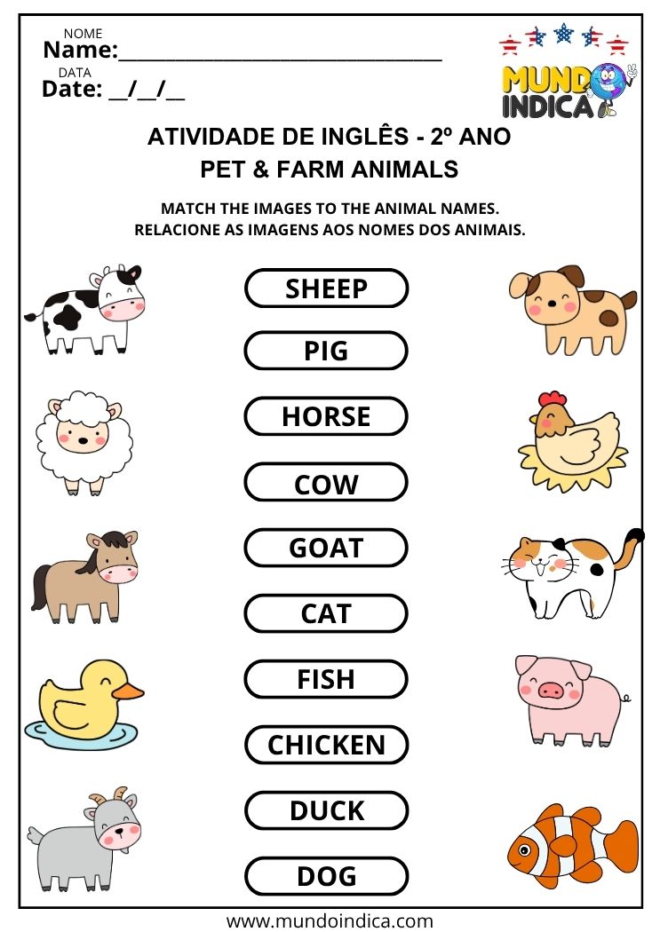Atividade de Inglês com Pet Animals e Farm Animals para 2º Ano para Ligar aos Nomes para Imprimir