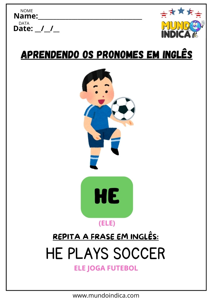 Atividade de Inglês com o Pronome He para Imprimir