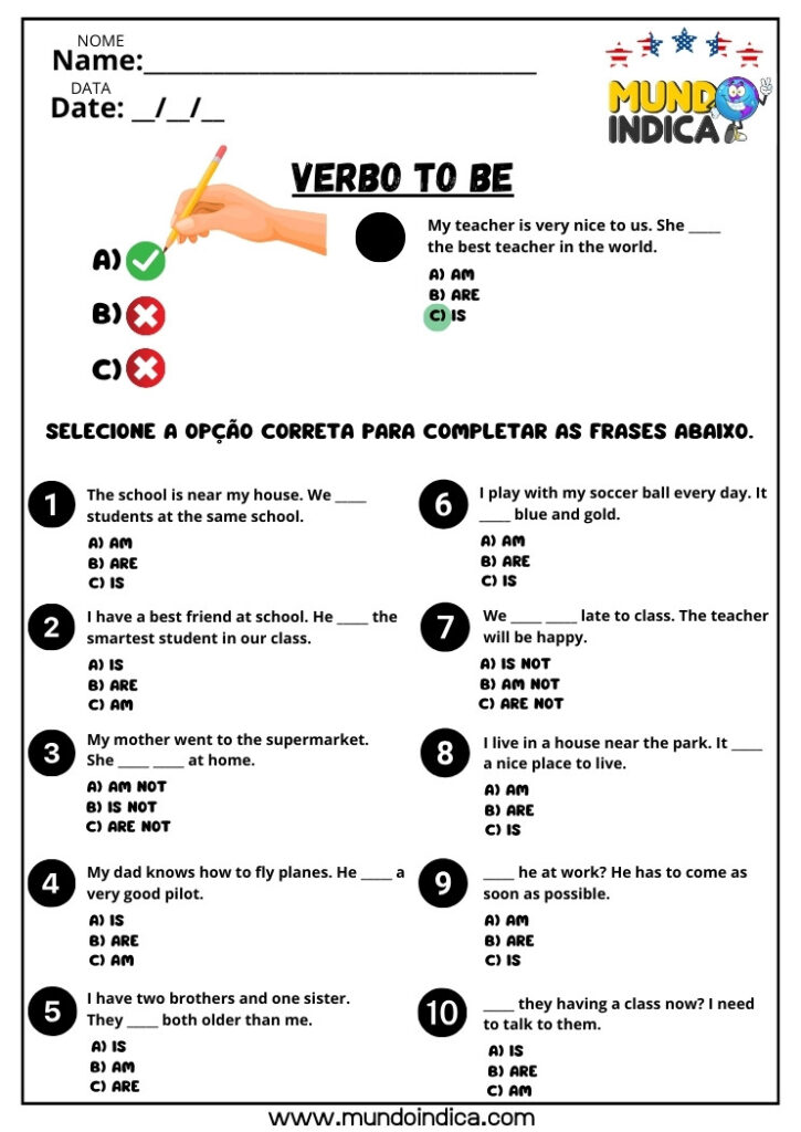 5 Atividades de Inglês com o Verbo to Be para Imprimir