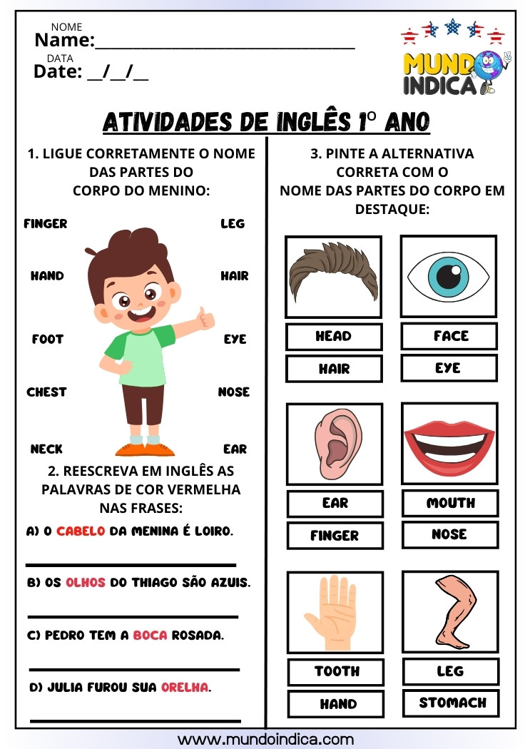 Atividade de Inglês para 1 ano com Corpo Humano para Ligar o Nome às Partes do Corpo do Menino, Reescrever as Palavras em Inglês e Pintar as Alternativas Corretas