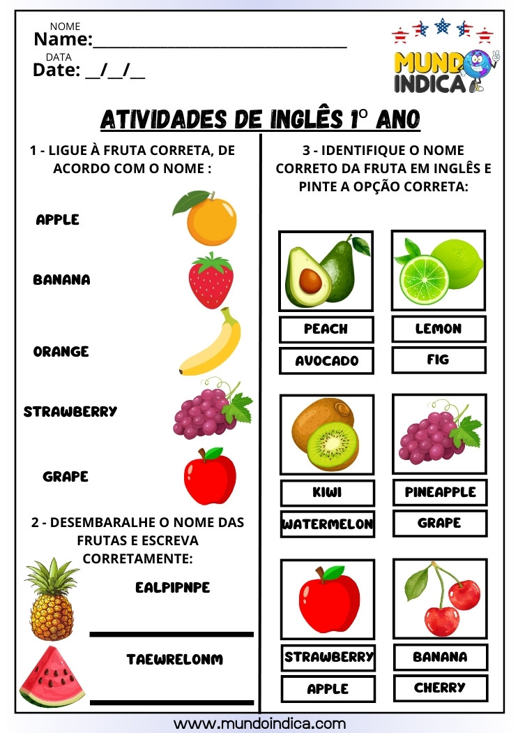 Atividade de Inglês para 1° Ano com Frutas para Ligar a Figura ao Nome, Desembaralhar e Identificar a Fruta Correta para Imprimir
