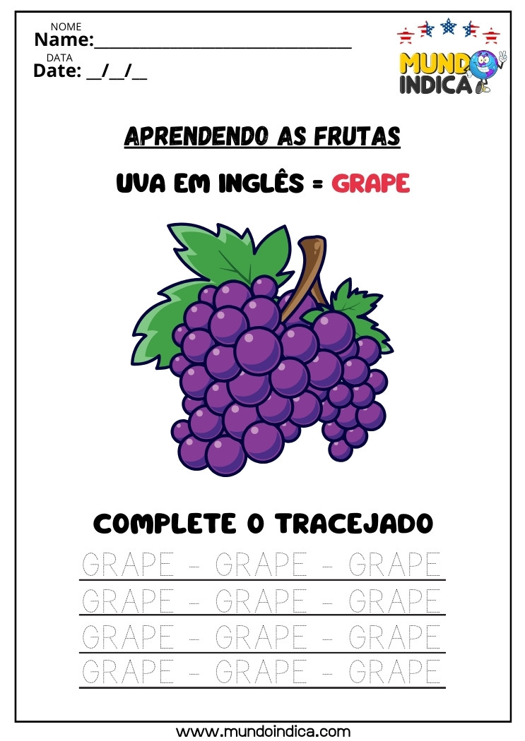 Atividade de Inglês para Aprender e Completar os Pontilhados da Palavra Grape para Imprimir