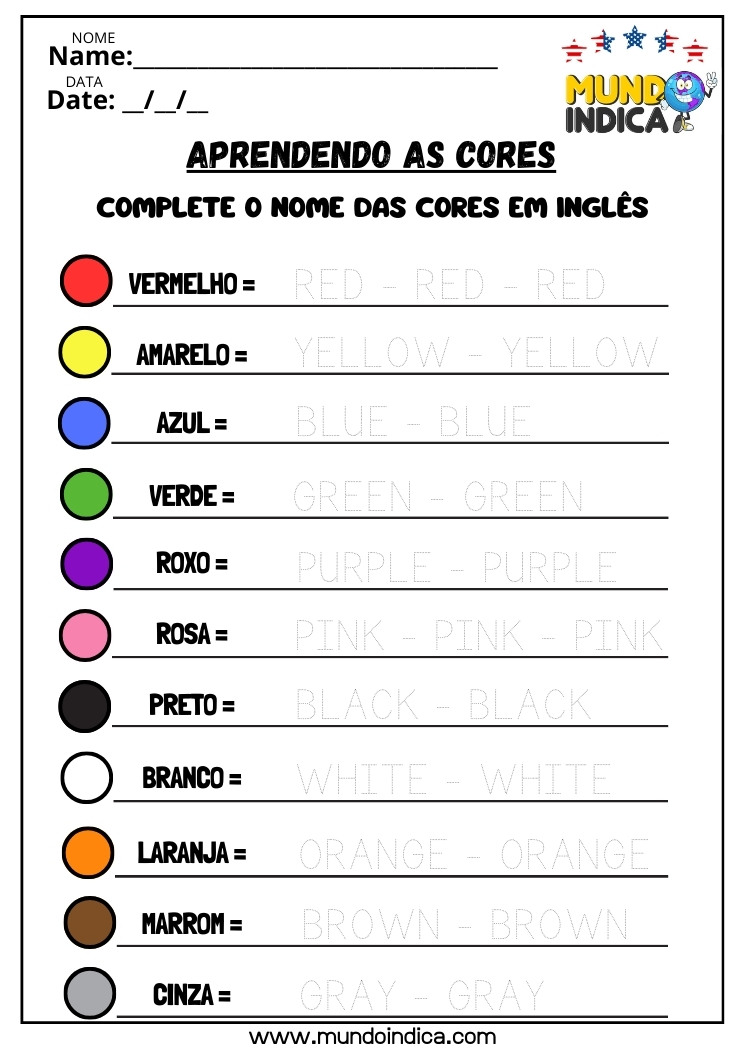 Atividade de Inglês para Escrever as Cores Seguindo os Pontilhados para Imprimir