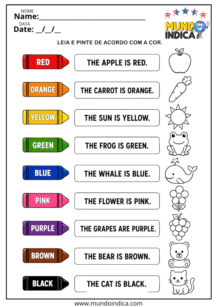 Atividade de Inglês para Ler e Pintar os Desenhos Conforme as Cores