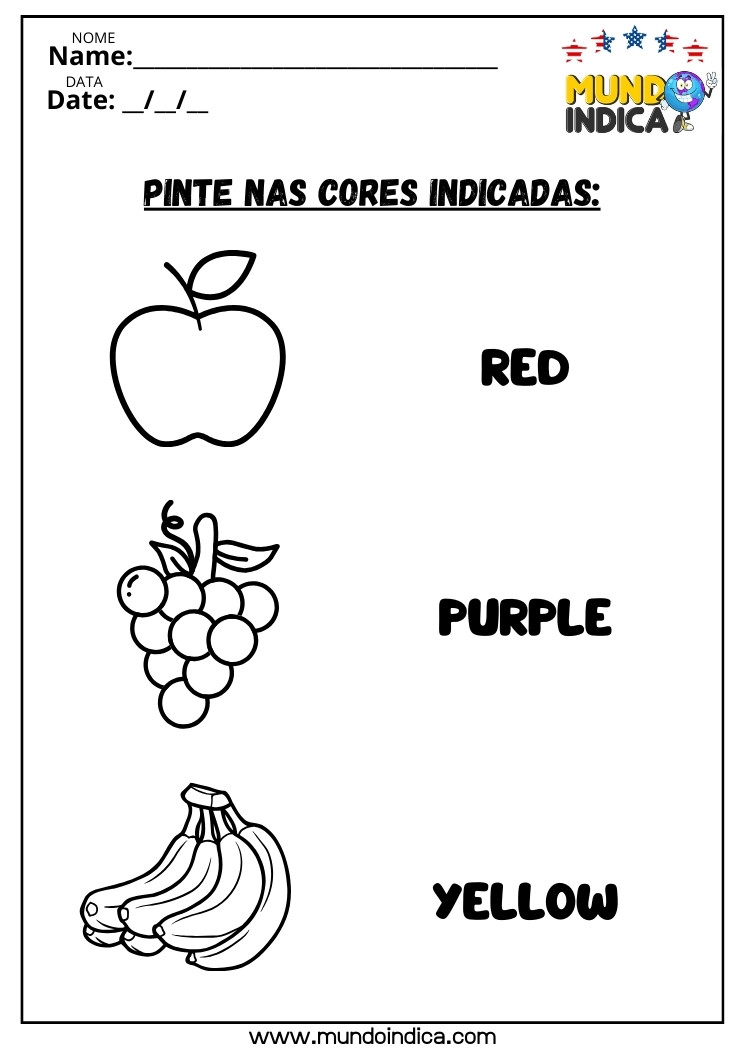 Atividade de Inglês para Pintar as Frutas de Acordo com as Cores Indicadas em Inglês para Educação Infantil
