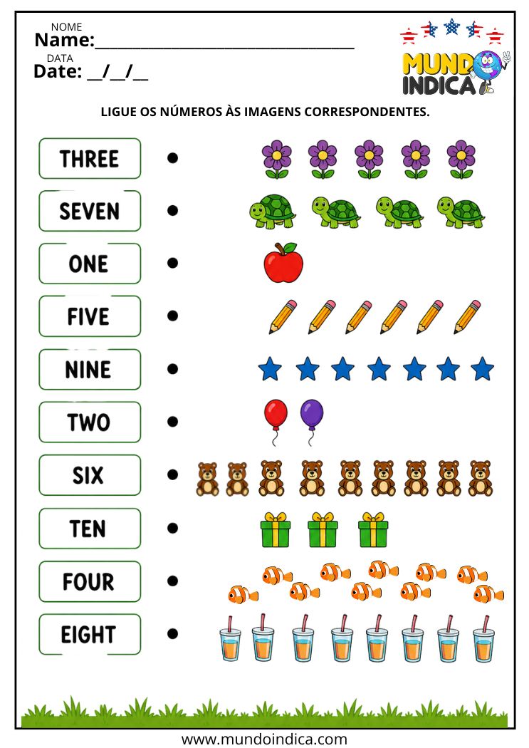 Atividade para contar as figuras e ligar cada quantidade ao número correspondente em inglês