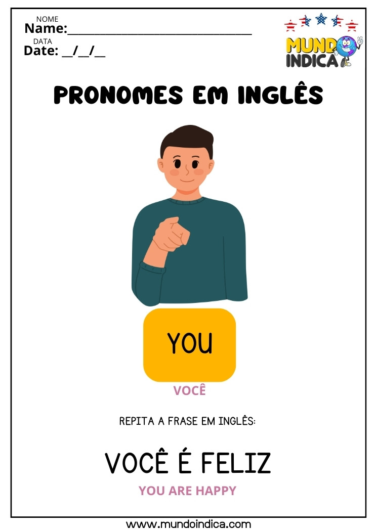 Atividade de Pronomes em Inglês para Educação Infantil