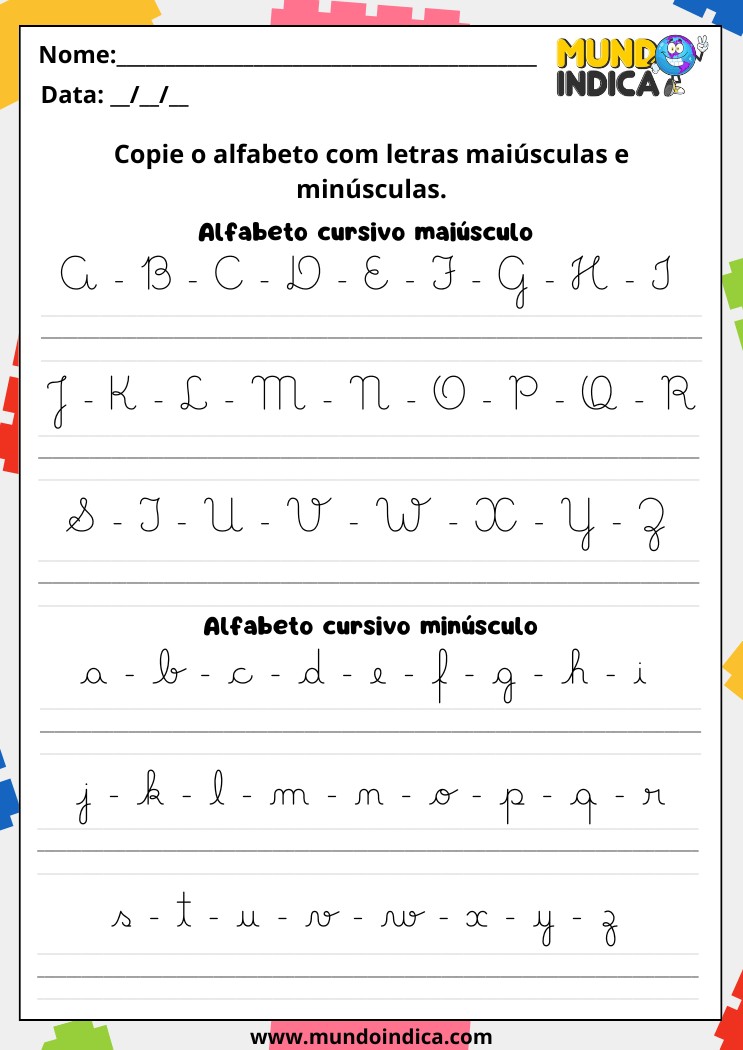 Atividade de letra cursiva - Folha de atividade de cópia das letras do alfabeto maiúsculas e minúsculas com letra cursiva