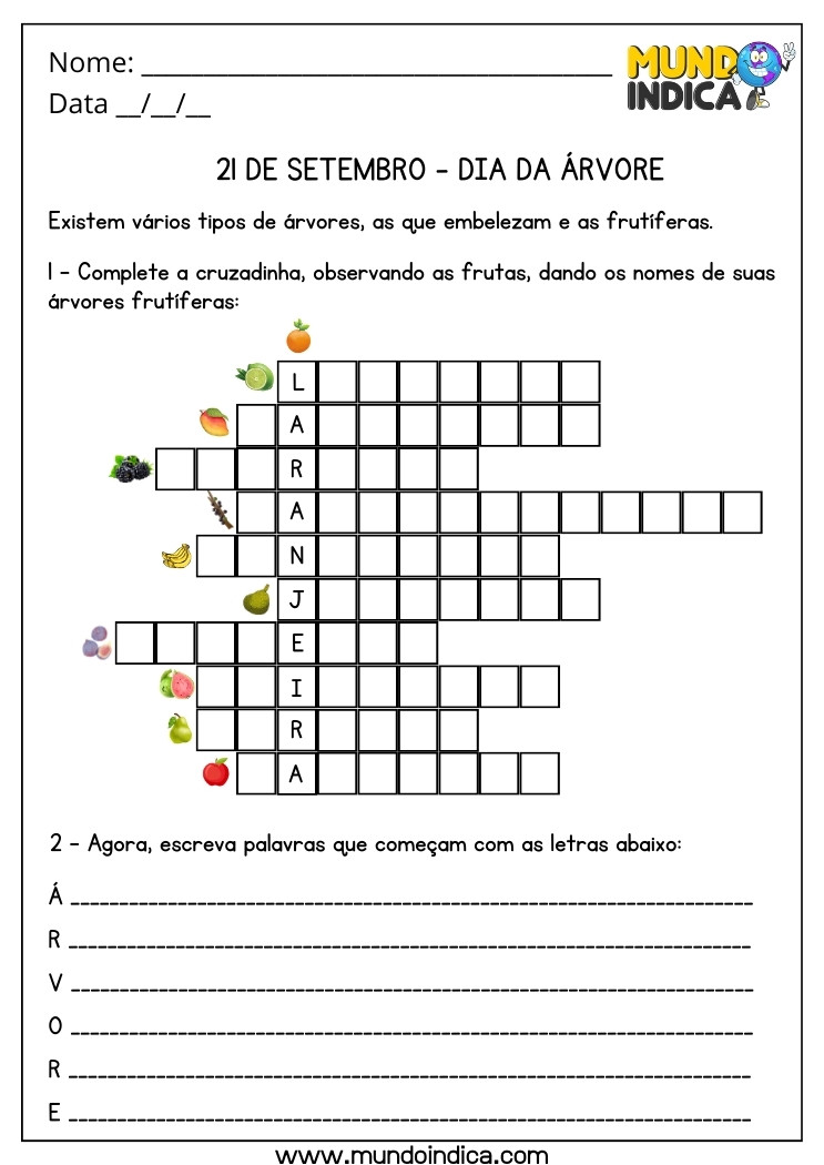 Atividade do Dia da Árvore com Cruzadinha das Árvores Frutíferas para Imprimir