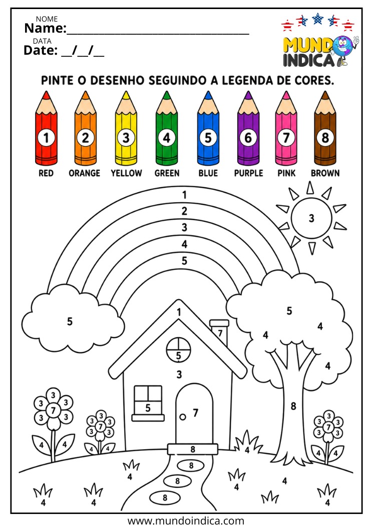 Atividade para Colorir o Cenário da Casa Seguindo a Legenda de Cores em Inglês