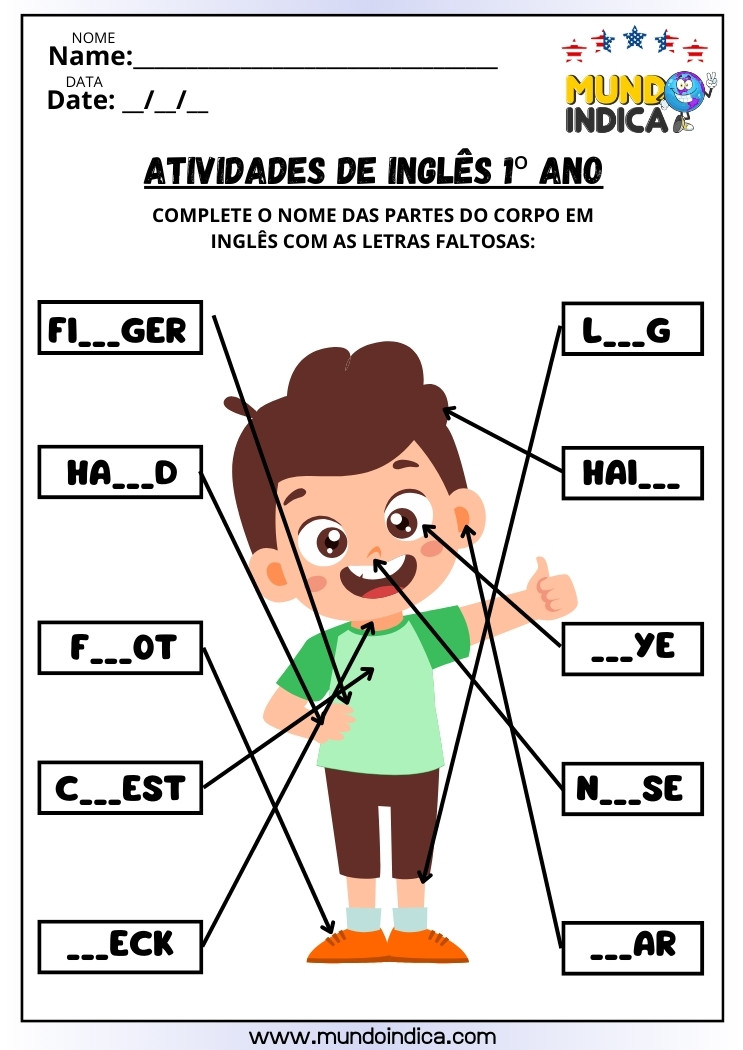 Atividade para Completar o Nome das Partes do Corpo Humano em Inglês com as Letras Faltosas para Imprimir