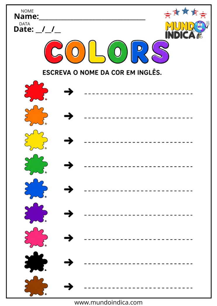 Atividade para Escrever os Nomes das Cores em Inglês