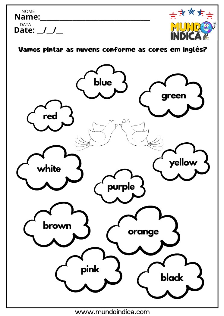 Atividade para Pintar as Nuvens Conforme as Cores em Inglês para Educação Infantil