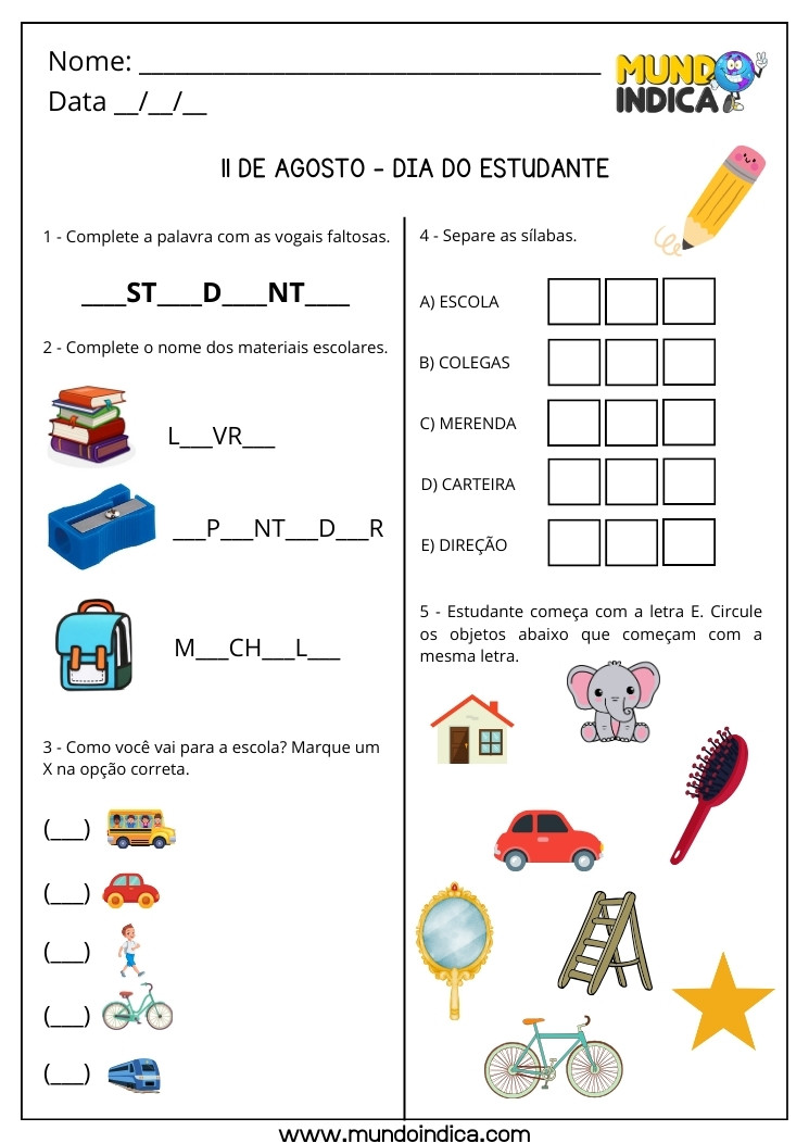 Atividade para o Dia do Estudante com Vogais Faltosas, Meio de Transporte para a Escola, Sílabas e Palavras que Começam com a Letra E para Imprimir