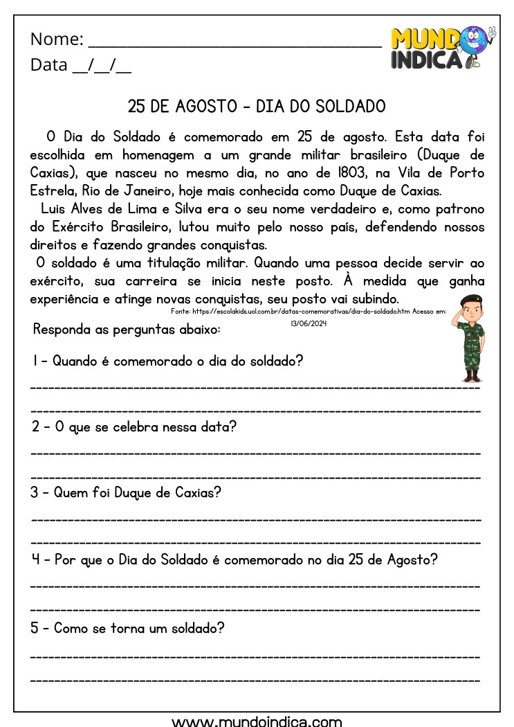 Atividade para o Dia do Soldado com Interpretação de Texto para Imprimir