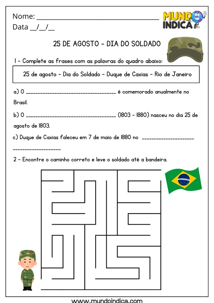 Atividade para o Dia do Soldado com Perguntas e Labirinto para Imprimir