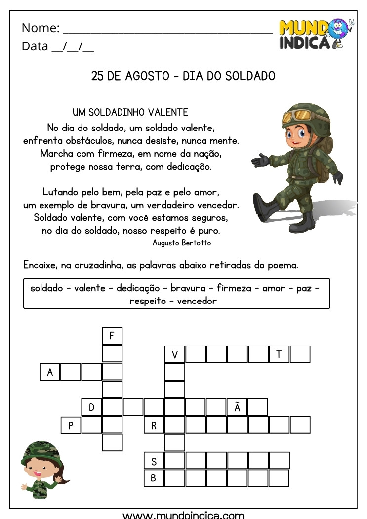 Atividade para o Dia do Soldado com Poema e Cruzadinha para Imprimir