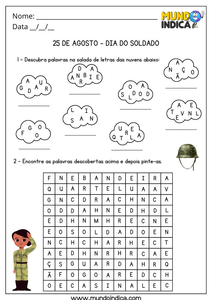 Atividade para o Dia do Soldado com Salada de Letras na Nuvem e Caça-Palavras para Imprimir