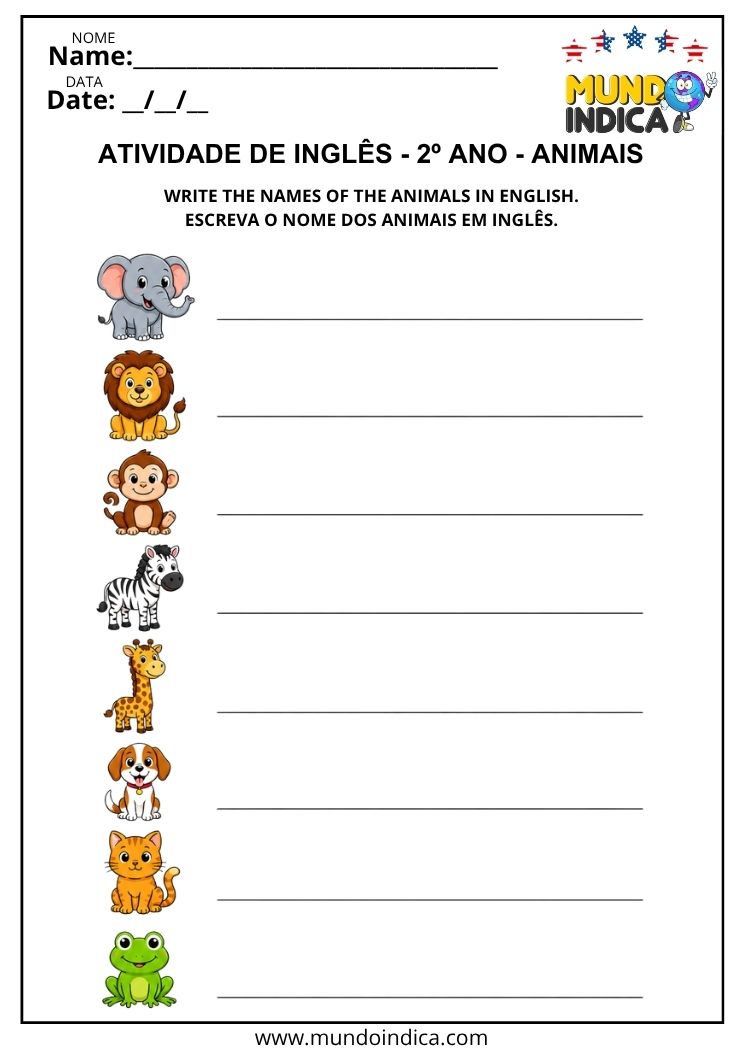 Atividade sobre Animais em Inglês 2º Ano para Escrever os Nomes para Imprimir