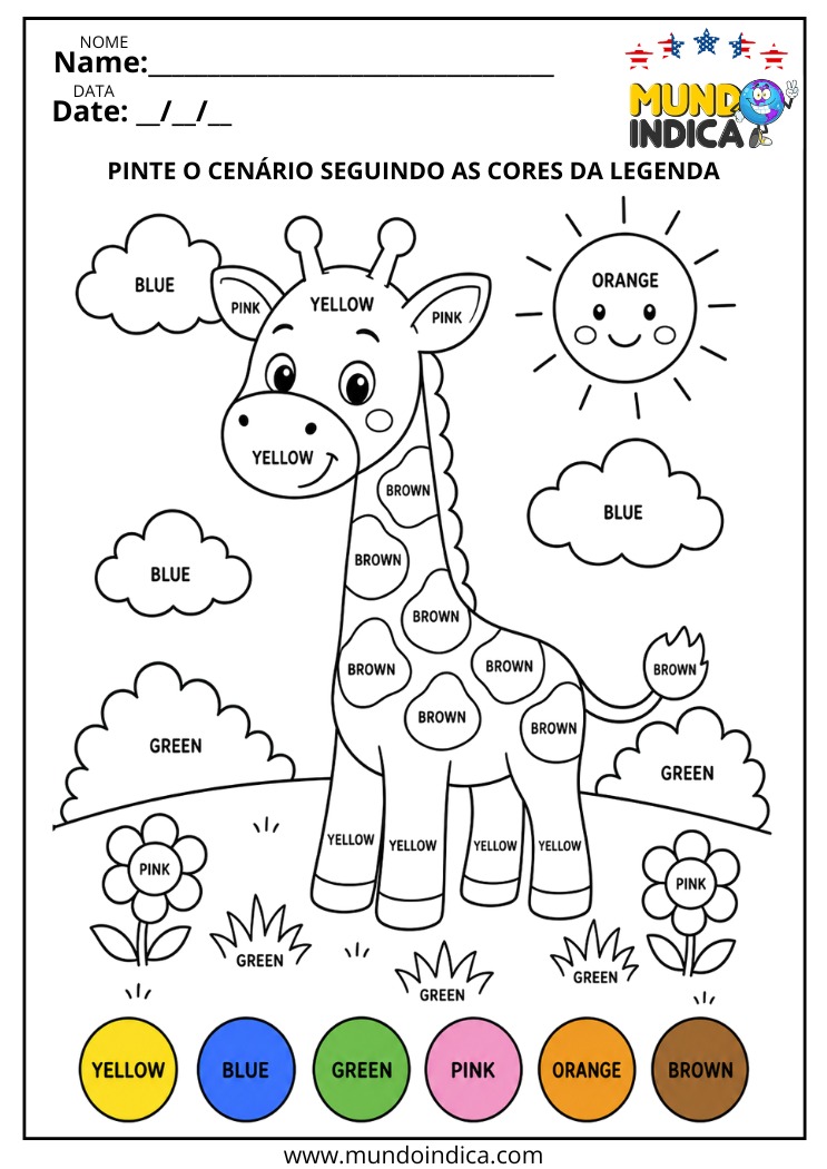 Atividade para Pintar a Girafa Conforme as Cores em Inglês