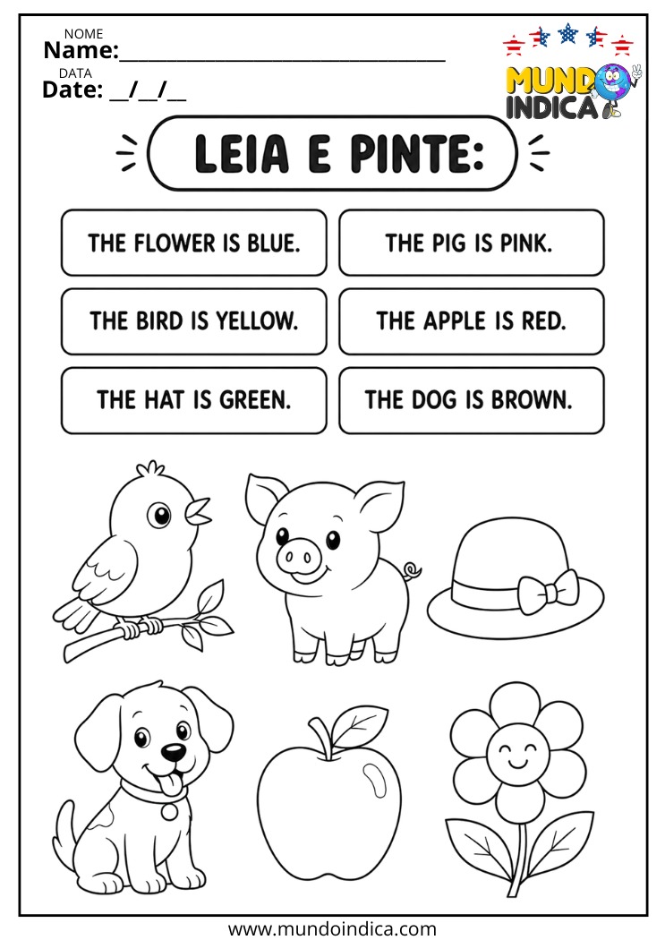 Atividade de Leitura e Pintura com Cores em Inglês