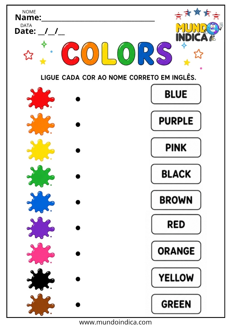 Atividade sobre cores em inglês para ligar o nome a cor para imprimir