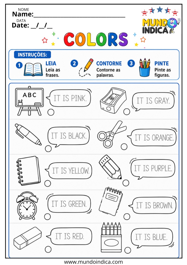 Atividade de Inglês para Cobrir as Palavras e Pintar as Figuras