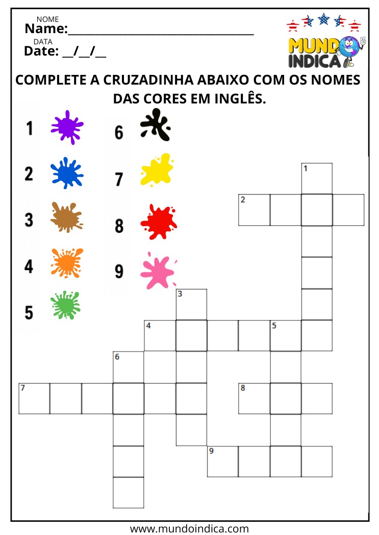 Cruzadinha das cores em inglês para imprimir