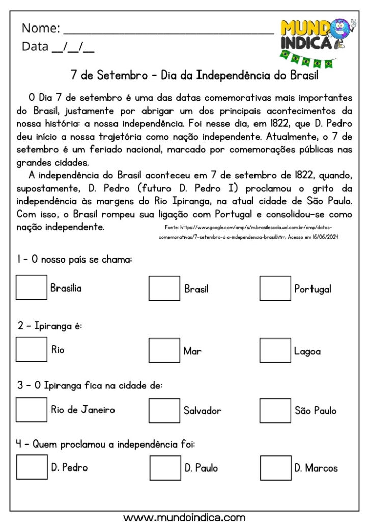 5 Atividades do Dia da Independência para Imprimir