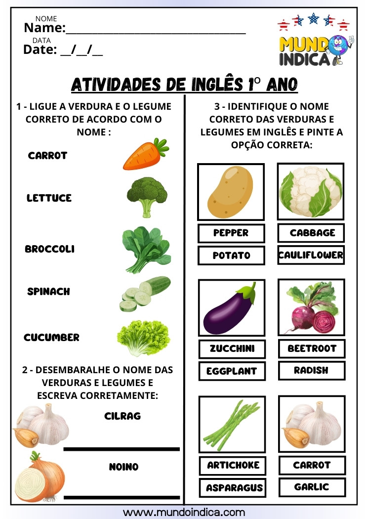 Folha de Atividades de Inglês para 1° Ano com Verduras e Legumes para Imprimir