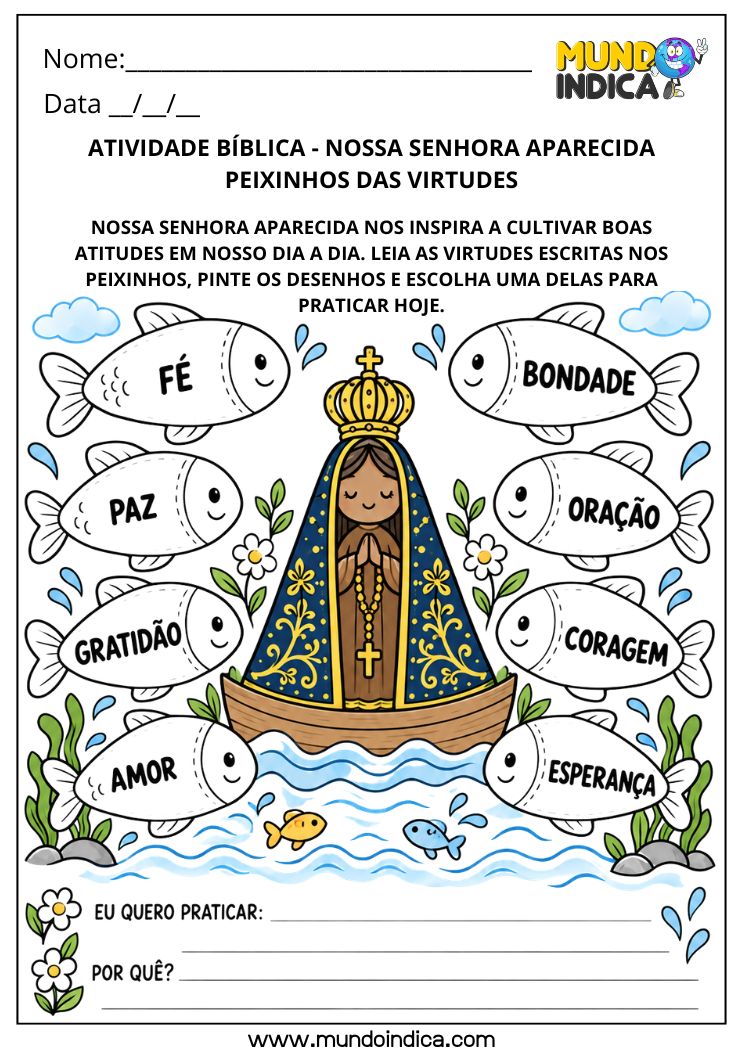 Atividade Bíblica sobre Virtudes de Nossa Senhora Aparecida para Imprimir