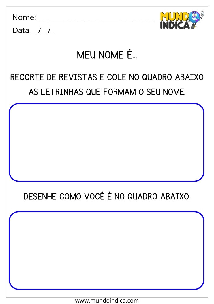 Atividade Lúdica de Recorte e Colagem das Letras do Nome e Desenho para Alunos com Deficiência Intelectual para Imprimir