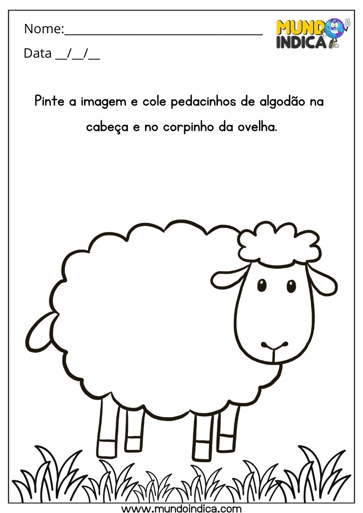 Atividade Lúdica para Alunos com Deficiência Intelectual Pinte a Imagem e Cole Pedacinhos de Algodão na Cabeça e no Corpinho da Ovelha para Imprimir