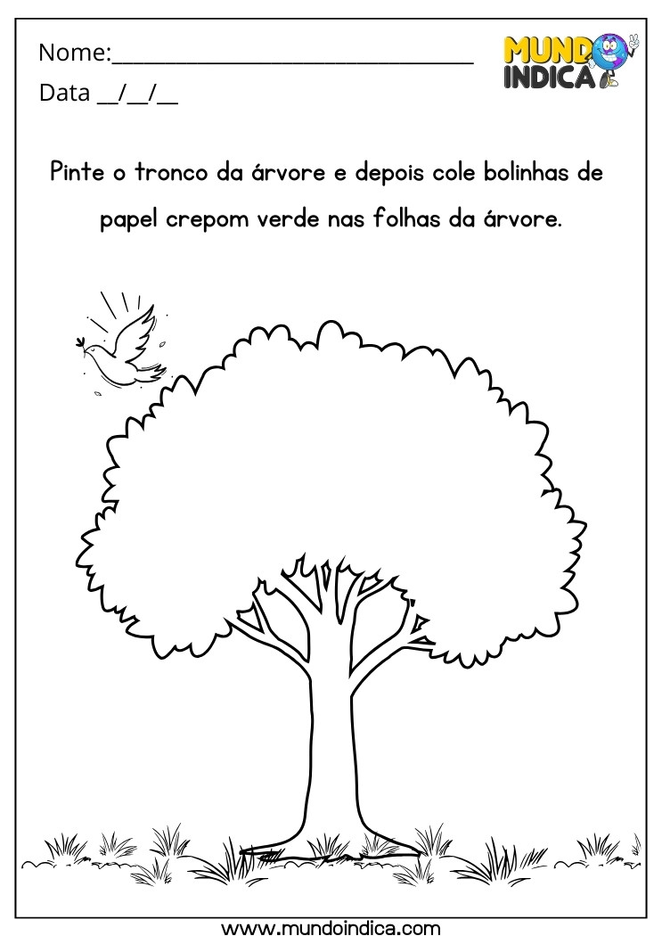 Atividade Lúdica para Alunos com Deficiência Intelectual Pinte o Tronco da Árvore e Cole Bolinhas de Papel Crepom Verde nas Folhas para Imprimir