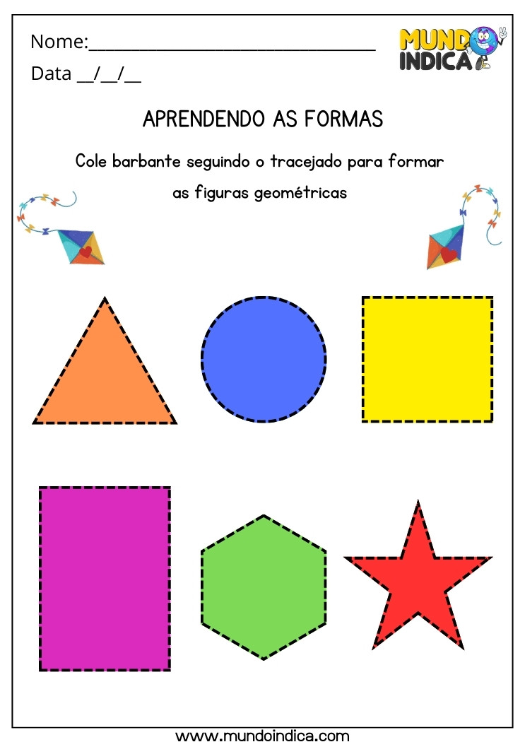 Atividade Lúdica para Educação Especial Cole Barbante Seguindo o Tracejado para Formar as Figuras Geométricas para Imprimir