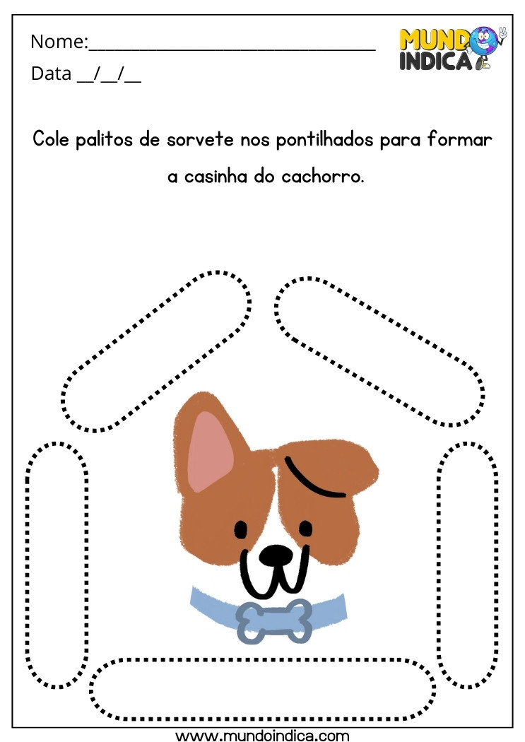 Atividade Lúdica para Educação Especial Cole Palitos de Sorvete nos Pontilhados para Formar a Casinha do Cachorro para Imprimir