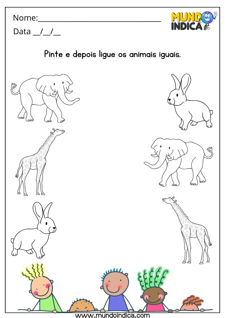 Atividade Lúdica para Educação Especial Ligue os Animais Iguais e Depois Pinte Tudo bem Bonito para Imprimir