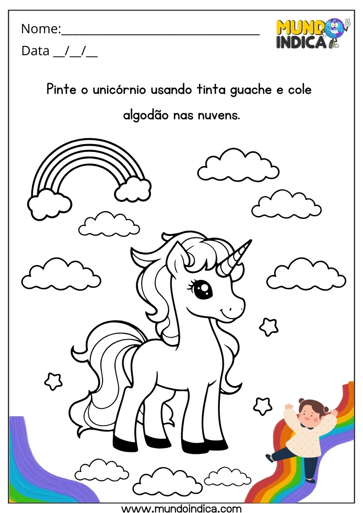 Atividade Lúdica para Educação Especial Pinte o Unicórnio com Tinta Guache e Cole Algodão nas Nuvens para Imprimir