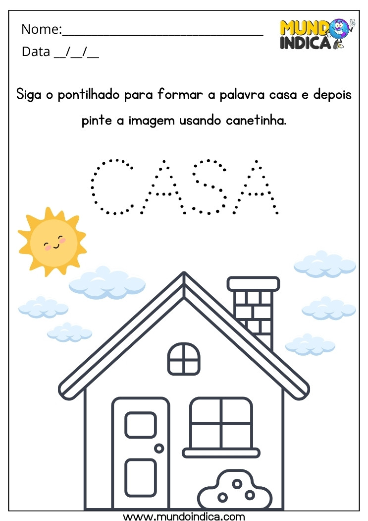 Atividade Lúdica para Educação Especial de Caligrafia Bastão e Pintura da Casinha para Imprimir