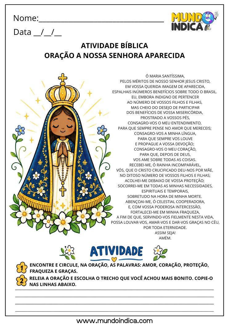 Atividade com Oração a Nossa Senhora Aparecida para Imprimir